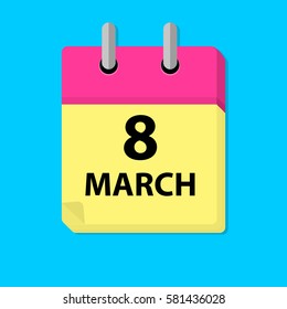 March 8. Calendar icon. Date,day of month.Weekend,red letter day. Holidays in March.