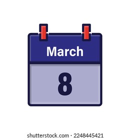 March 8, Calendar icon. Day, month. Meeting appointment time. Event schedule date. Flat vector illustration.