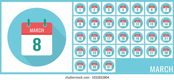 March 8. Calendar icon flat set