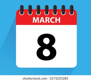 March 8. Calendar icon. flat style, Womens Day, red letter day.Calendar for 2025 year. Holidays in March. Vector illustration