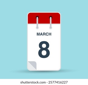 March 8 calendar icon isolated on background. March vector for day of week and month in red. Calendar design vector template. Vertical orientation.