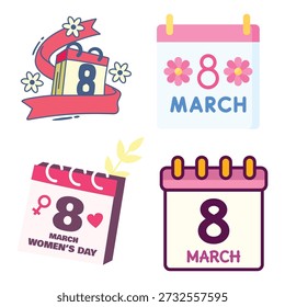 March 8 calendar icon set. Vector pink date reminder symbols for International Women's Day planner sticker decoration