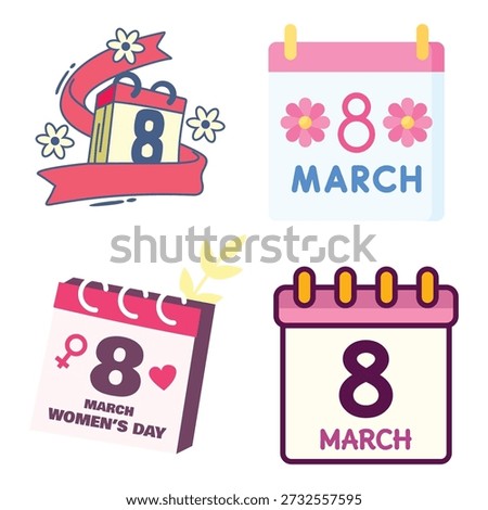 March 8 calendar icon set. Vector pink date reminder symbols for International Women's Day planner sticker decoration