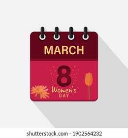 March 8, Calendar icon with shadow. Day, month. Flat vector illustration. International women's day.