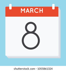 March 8. Calendar icon. Vector illustration in flat design isolated in blue background. Date and time, day, month.