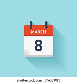 March 8. Calendar Icon.Vector Illustration,flat Style.Date,day Of Month:Sunday,Monday,Tuesday,Wednesday,Thursday,Friday,Saturday.Weekend,red Letter Day.Calendar For 2017 Year.Holidays In March.