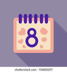 March 8. Calendar icon.Vector illustration,flat style.Date,day of month:Sunday,Monday,Tuesday,Wednesday,Thursday,Friday,Saturday.Weekend,red letter day.Calendar for 2017 year.Holidays in March.