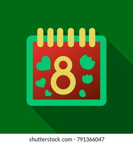 March 8. Calendar icon.Vector illustration,flat style.Date,day of month:Sunday,Monday,Tuesday,Wednesday,Thursday,Friday,Saturday.Weekend,red letter day.Calendar for 2017 year.Holidays in March.
