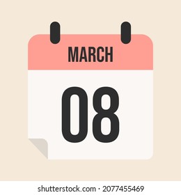 march 8, calendar page, day, month, year, pink calendar with white