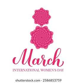 March 8 calligraphy lettering isolated on white. International Women’s Day typography poster. Number eight made of flowers. Vector template for greeting card, banner, flyer, sticker, etc