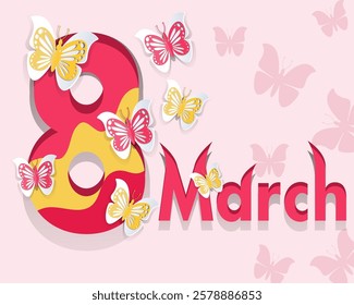 March 8 card with butterflies in paper style