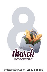 March 8 card design with envelope with mimosa flowers. Happy Women's Day greeting card. Vector illustration for card, cover, poster, postcard.
