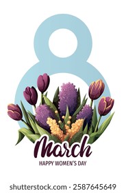 March 8 card design with flowers. Happy Women's Day greeting card. Vector illustration for card, cover, poster, postcard.