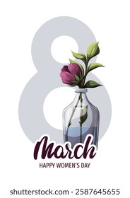 March 8 card design with glass bottle with purple flower. Happy Women's Day greeting card. Vector illustration for card, cover, poster, postcard.