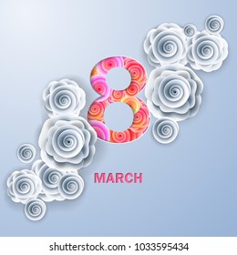 March 8. Card for women's day with white paper flowers. Vector realistic 3D illustration. With mother's Day.