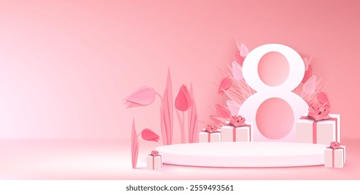 March 8 celebration podium in pink pastel colors with feminine number display. Composition with paper tulip flowers, wrapped presents and elegant platform. International Women Day product placement.