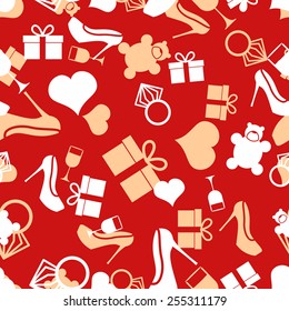 March 8 characters. Seamless pattern. Heart, ring, shoes, gift