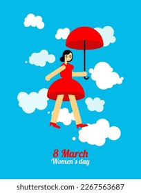 March 8 Cheerful woman flies on an umbrella. International Women's Day postcard, congratulation