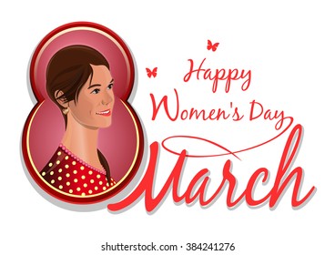 March 8, congratulations to the International Women's Day, pretty, cute, lovely beautiful girl isolated on white background. Cute girl on the background of congratulations on the 8th March