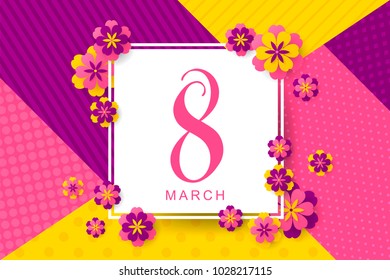 March 8 Creative poster with yellow, pink, purple flowers cut from paper on colorful background. International Women's Day. Vector illustration.