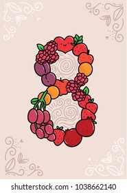 March 8 -  Cute cartoon postcard for International women's day with fruits, berries. Strawberry, raspberry, pomegranate, oranges, apples, grapes, plum.