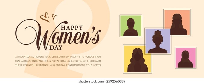 March 8 Women’s Day Banner AND Post: 5 unique females with vibrant harmonious colors. Perfect for social media AND versatile use. #March8 #WomensDay