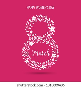 March 8 Women’s day design element with flower and leaves. For invitation, greeting card, booklet, leaflet, magazine, brochure. Vector illustration.