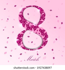 March 8 day design. Womens day vector design for international woman celebration with pink flowers background. A greeting card for March 8 womens day.