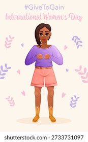 8 de marzo: Concepto de la campaña Dar para ganar con un personaje femenino sosteniendo las palmas abiertas