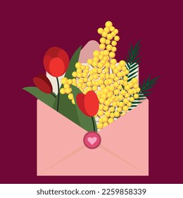 March 8 Envelope with Tulips and Mimosa Flat Vector Illustration