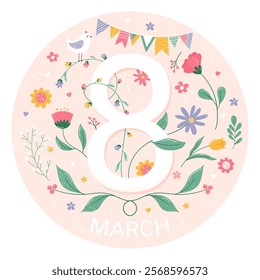 March 8. Festive illustration with the number eight and floral design.