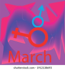 
March 8. figure eight is made in the form of a red female sign and a blue male sign on an abstract background