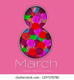 March 8 floral background, banner. Design greeting card, invitation, banner, cover. The number eight of multi-colored roses. 3D vector illustration. Paper cut out style.