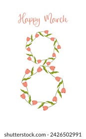 March 8, floral number and caption for your card, congratulations. vector illustration on white background