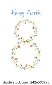 8 de marzo, número floral y leyenda para su tarjeta, felicitaciones. ilustración vectorial sobre fondo blanco