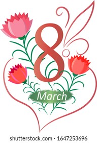 March 8 flower arrangement. Women's day card. Three flowers on a white background with patterns.