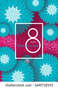March 8 flower card. International Happy Women's Day. Holiday 3d background of blue paper flower on pink backdrop with square frame. Trendy design template. Vector illustration