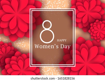 March 8 flower card. International Women's Day. Holiday 3d background of red paper flower on pastel backdrop with square frame. Trendy design template. Vector