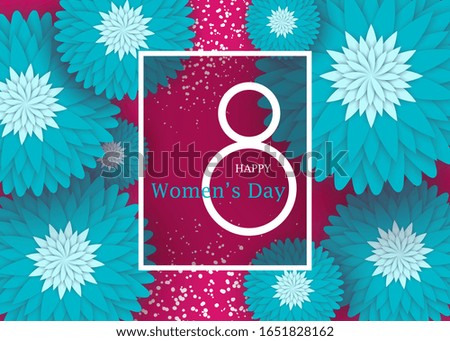 March 8 flower card. International Happy Women's Day. Holiday 3d background of pink paper flower on blue backdrop with square frame. Trendy design template. Vector illustration