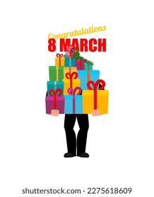 March 8, give gifts. International Women's Day postcard, congratulation