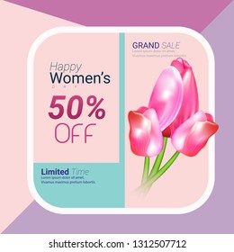 March 8 greeting card. Background template for International Women's Day.sale offer banner Vector illustration leaves and flowers