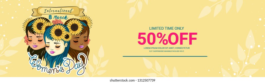 March 8 greeting card. Background template for International Women's Day.sale offer banner Vector illustration leaves and flowers
