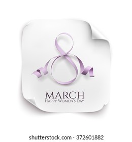 March 8 greeting card. Background template for International Women's Day. Vector illustration. White curved paper banner.