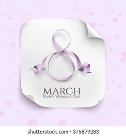 March 8 greeting card. Background template for International Womens Day. Vector illustration. White curved paper banner.purple