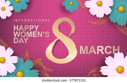 March 8 greeting card. Background template for International Women's Day. Vector illustration.