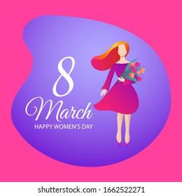 March 8 greeting card. Beautiful woman with a bouquet of flowers in a trendy style. Vector illustration