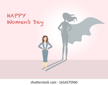 March 8 Greeting card. Businesswoman as a superhero.