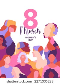 March 8 greeting card concept. Vector cartoon illustration in a modern flat style of silhouettes of four women of different nationalities, consisting of a pattern of diverse female figures