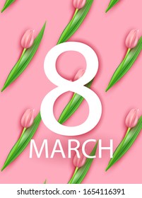 March 8 greeting card, cut out number 8 and pattern with realistic pink tulips. delicate pink postcard. vector illustration