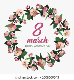 March 8 greeting card with floral wreath. Vector background for International Women's Day. 